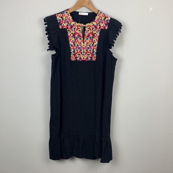 NWT- Embroidered Ruffle Hem Boho Mini Dress - Picture 1 of 14